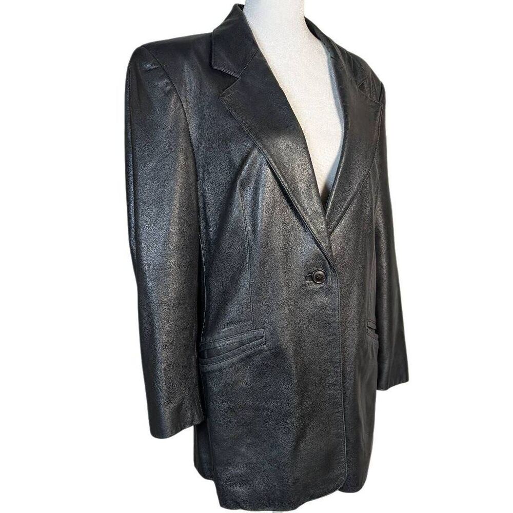 Vintage Saks 5th Avenue black lambskin leather blazer jacket womens L